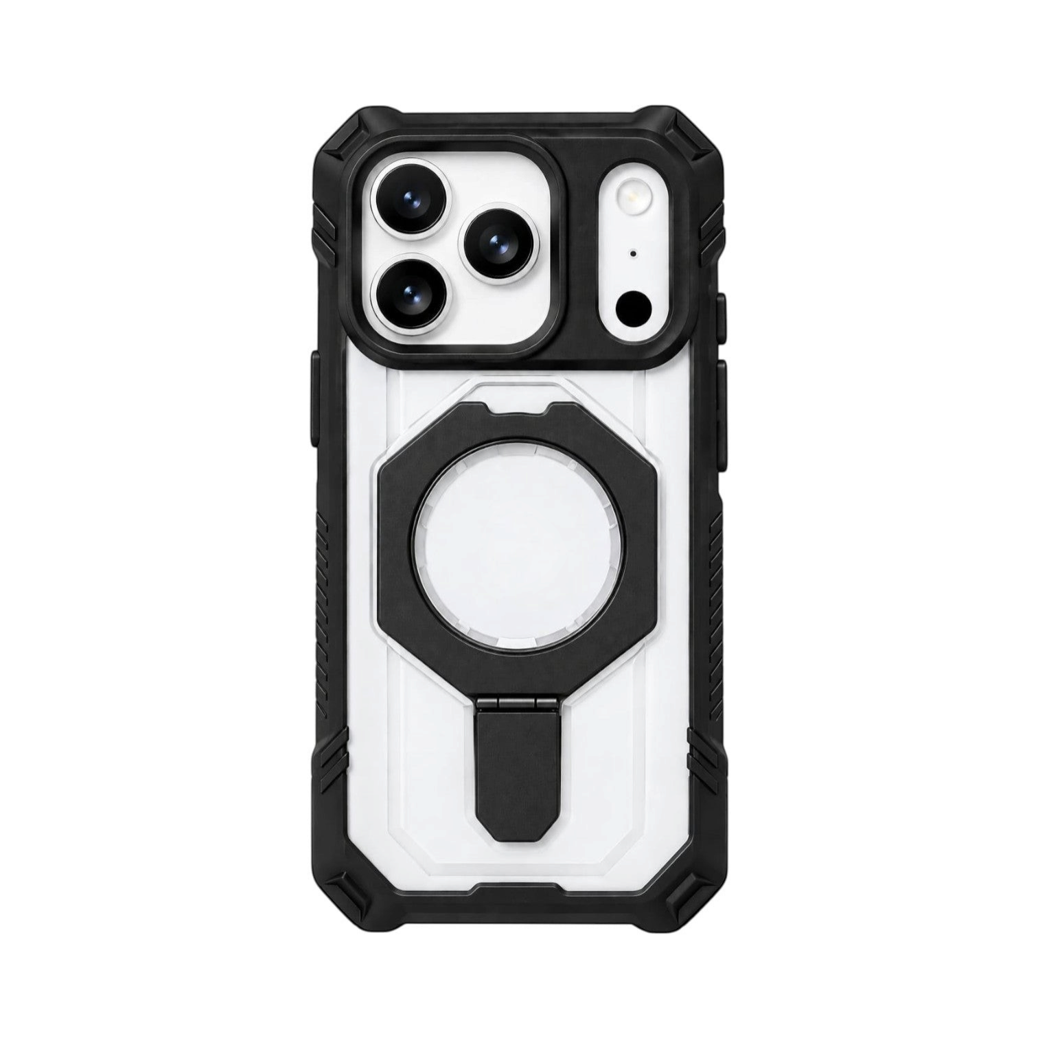 OBtech Kehumei rugged armor case for iPhone 18 Pro Max in black and clear with integrated kickstand and camera guard