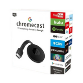 OBtech Google Chromecast 4K TV streaming device in its retail packaging showing supported streaming apps