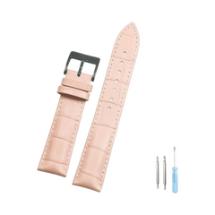 OBtech FIZZ light pink leather smart watch strap with embossed texture, black buckle, and included installation tools.