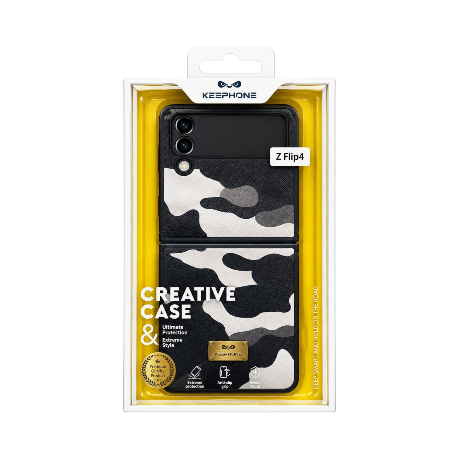OBtech KEEPHONE Samsung Galaxy Z Flip 4 leather case in black and white camouflage pattern inside retail packaging
