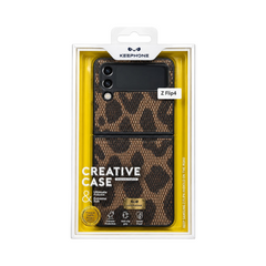 OBtech KEEPHONE Samsung Galaxy Z Flip 4 protective leather case with a brown and black leopard print pattern