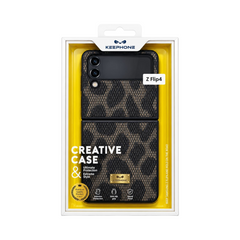 OBtech KEEPHONE Samsung Galaxy Z Flip 4 leather case with a black and brown leopard print pattern in retail packaging.