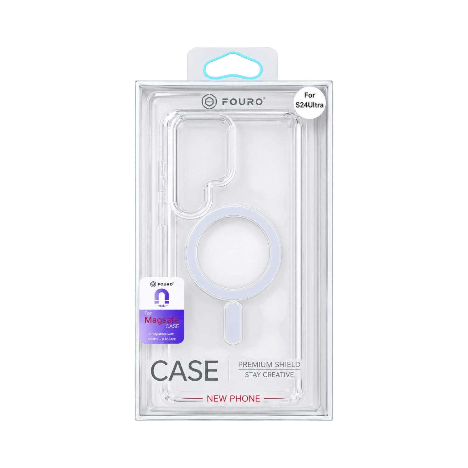 OBtech transparent magnetic phone case for Samsung Galaxy S24 Ultra in retail packaging with grey accent ring