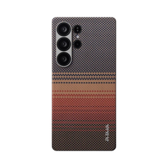 OBtech PITAKA Samsung Galaxy S25 Ultra case featuring a woven-style gradient pattern in blue, orange, and brown tones.