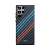 OBtech PITAKA Samsung Galaxy S25 Ultra case featuring a black carbon fiber texture with blue and orange diagonal stripes
