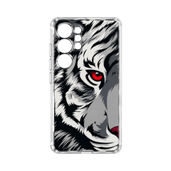 OBtech LUCO TPU cover for Samsung Galaxy S23 Ultra featuring a detailed black and white tiger face with red eyes