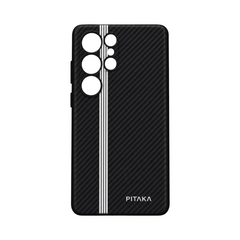 OBtech PITAKA Samsung Galaxy S22 Ultra black protective case with a carbon fiber texture and vertical white stripes.