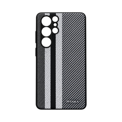 OBtech PITAKA Samsung Galaxy S22 Ultra protective case with a black and grey carbon fiber pattern and striped design.
