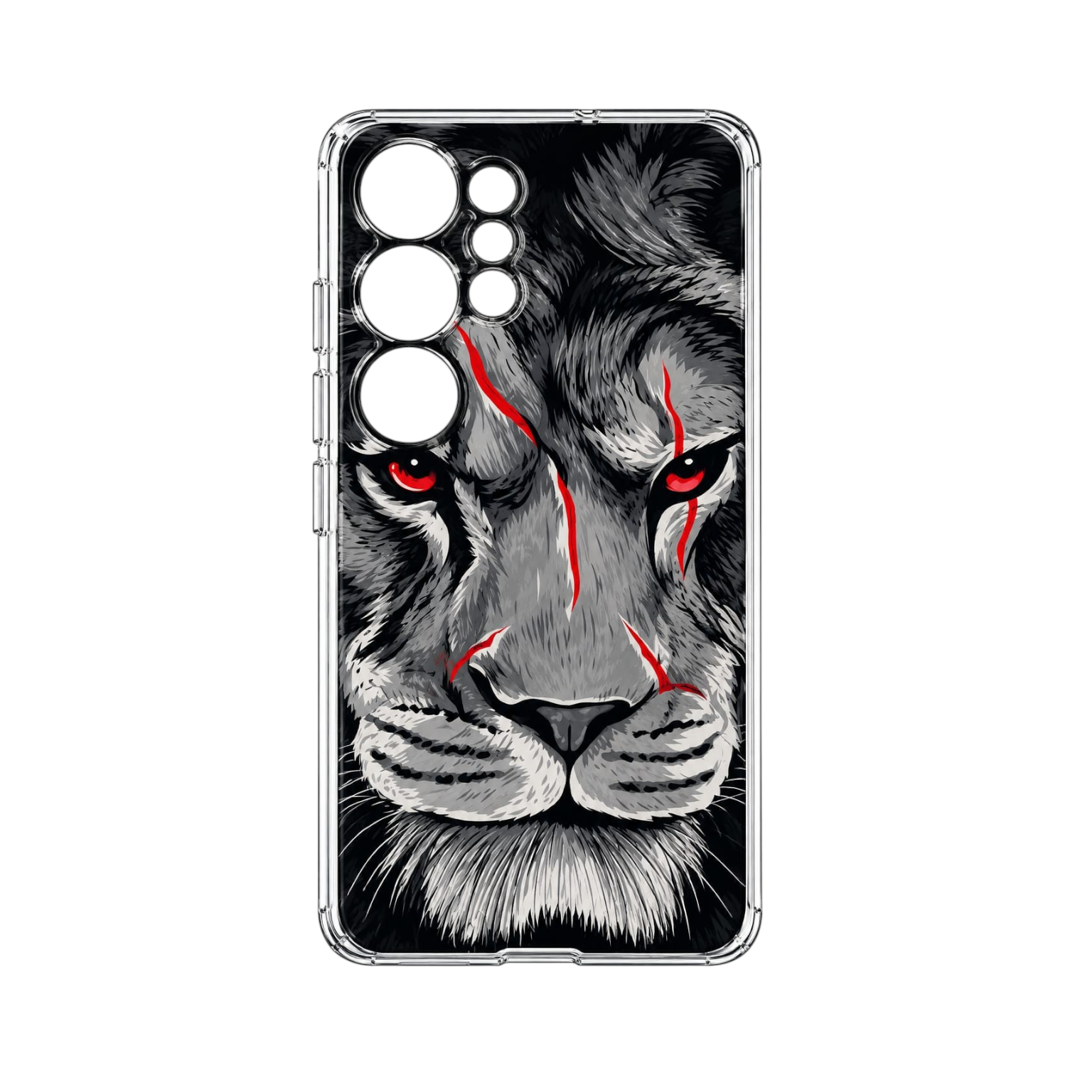 OBtech LUCO TPU cover for Samsung Galaxy S23 Ultra featuring a detailed black and white lion face with red scars