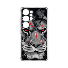 OBtech LUCO TPU cover for Samsung Galaxy S23 Ultra featuring a detailed black and white lion face with red scars