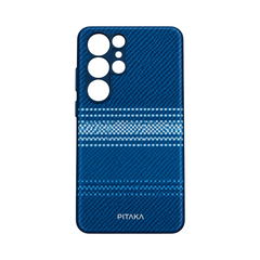 OBtech PITAKA blue silicone protective case for Samsung Galaxy S22 Ultra with a textured woven pattern