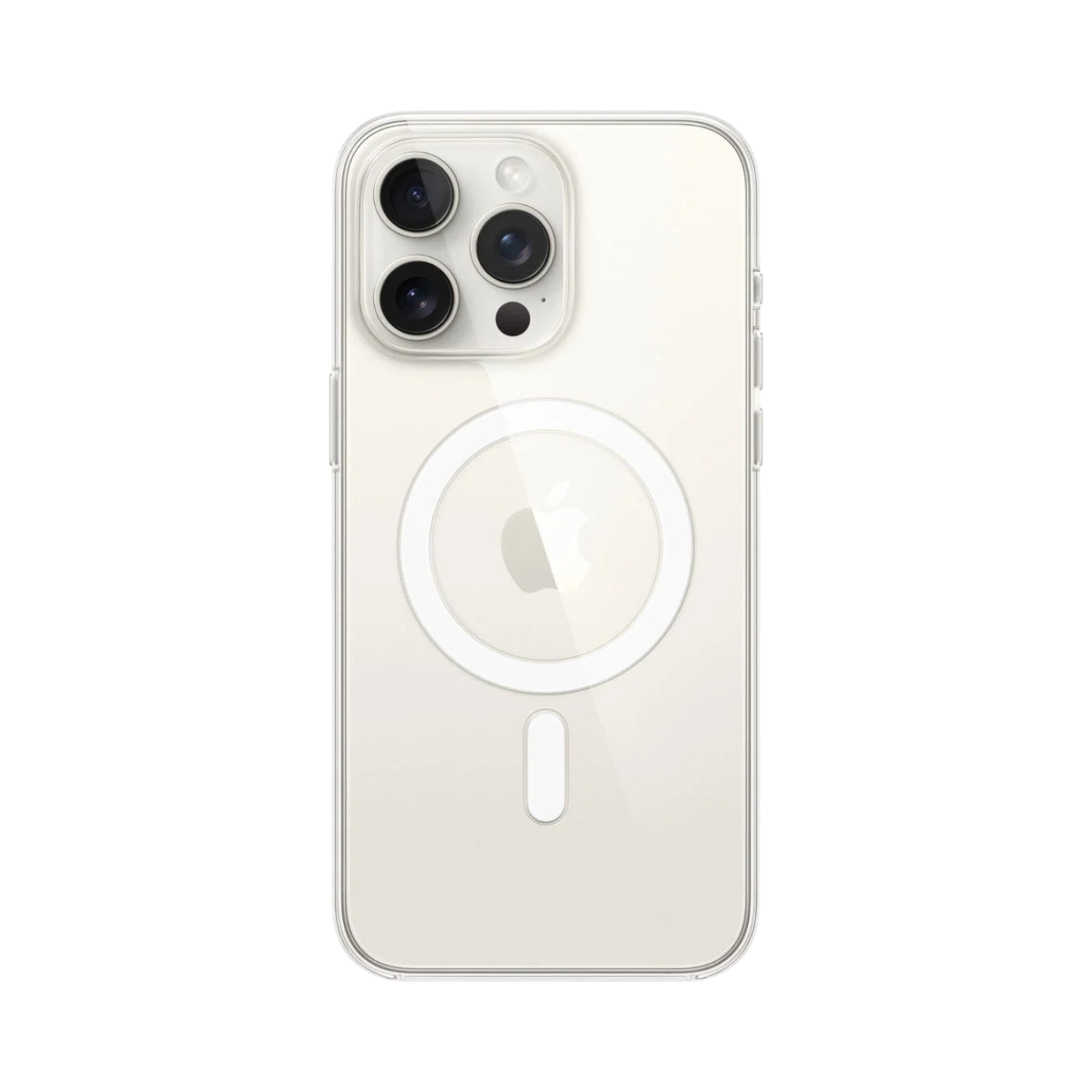 OBtech transparent MagSafe protective case on an iPhone 14 Pro Max showing the magnetic ring and camera cutout