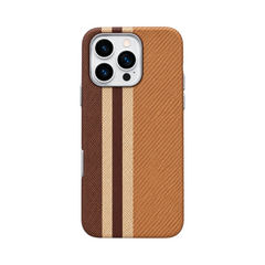 OBtech Luco Life protective phone case for iPhone 14 and 16 Pro Max featuring a brown and tan striped textured design.