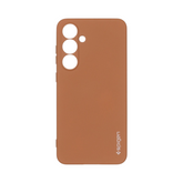 OBtech Spigen Samsung Galaxy S25 rugged phone case in matte tan with precise camera cutouts and slim TPU design