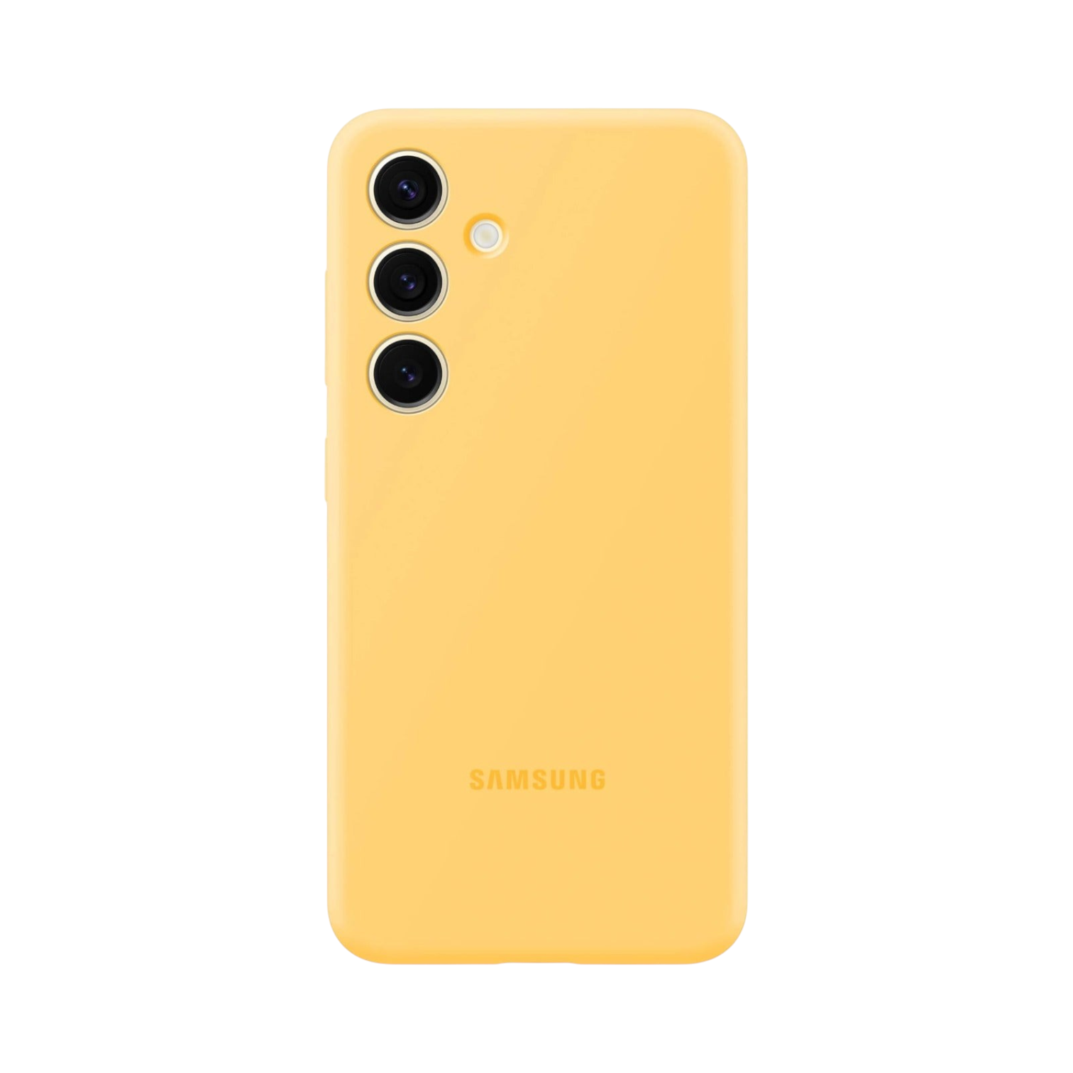 OBtech yellow silicone case for Samsung Galaxy S24 with a smooth matte finish and precise camera cutouts