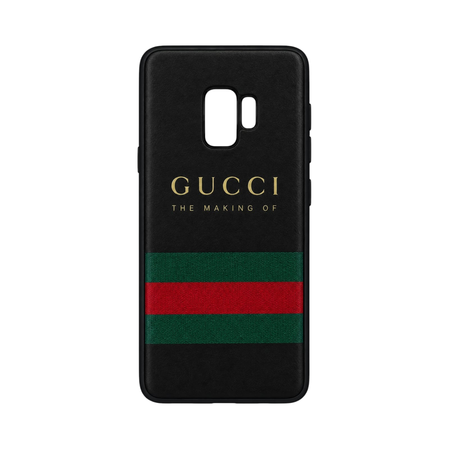 OBtech REMAX black leather Samsung Galaxy S9 case with green and red stripe and gold designer-inspired text