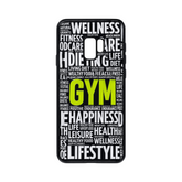 OBtech Samsung Galaxy S9 case with a black and white typography graphic print featuring the word GYM in lime green.