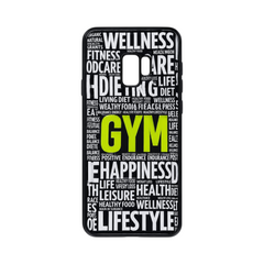 OBtech Samsung Galaxy S9 case with a black and white typography graphic print featuring the word GYM in lime green.