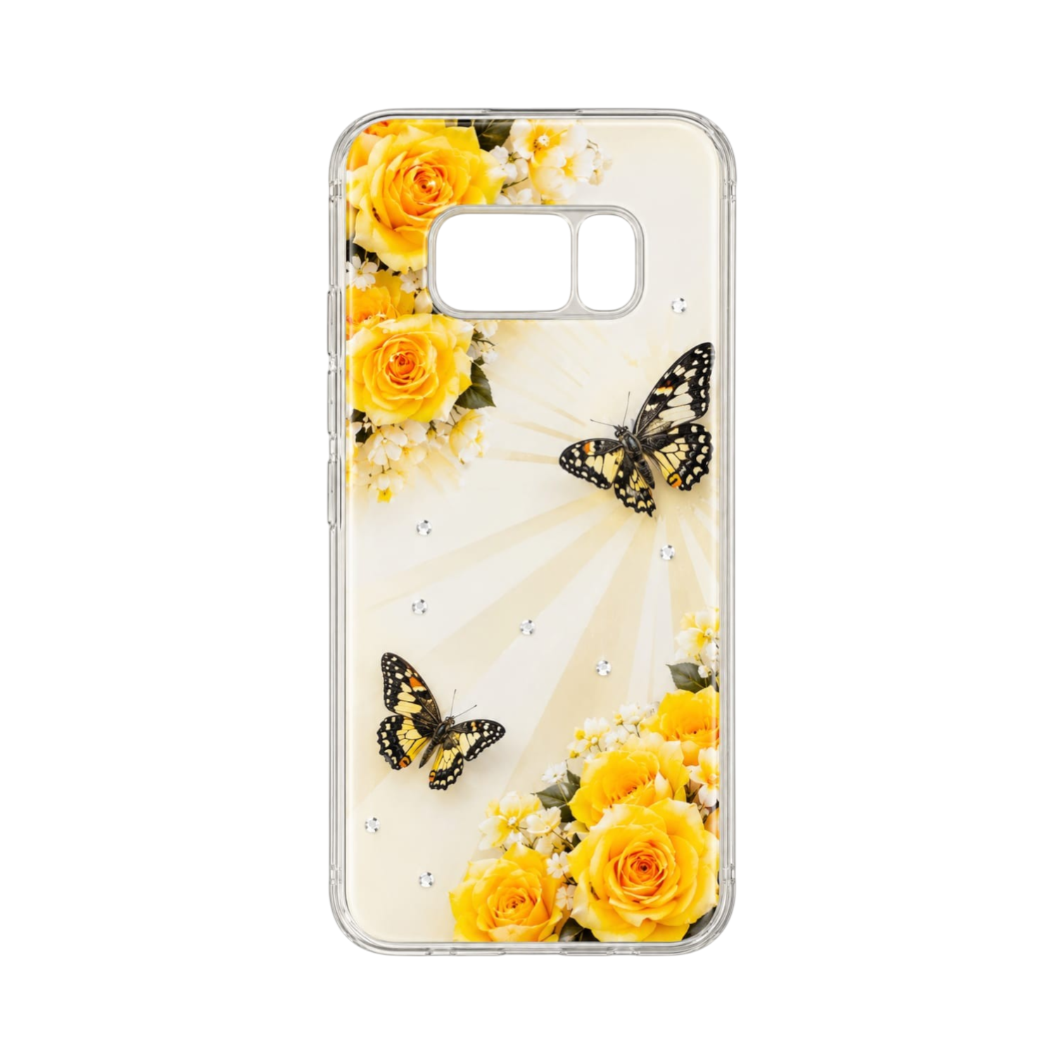 OBtech Samsung Galaxy S8 fashion case featuring a yellow rose and butterfly graphic print with a clear shockproof frame