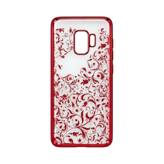 OBtech Samsung Galaxy S9 case with a clear back, red floral swirl pattern, and embedded decorative crystals.