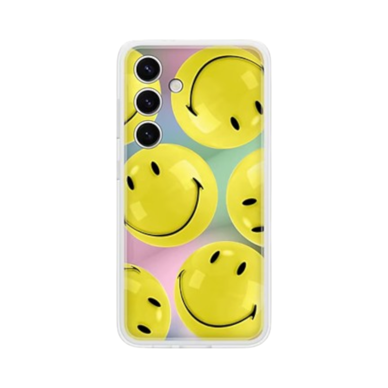 OBtech Flip Suit cover for Samsung Galaxy S24+ featuring a playful yellow smiley face pattern on a pastel background