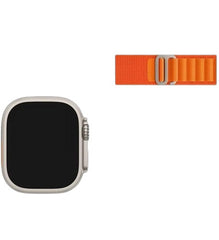 OBtech 8Pro A Series 8 49mm smartwatch with a silver metallic case and a vibrant orange fabric sport band.