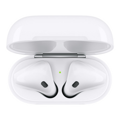 OBtech white wireless earbuds in an open charging case with a green status light, featuring a sleek ergonomic design.