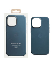 OBtech blue fine woven MagSafe case for iPhone 15 Pro Max shown in packaging and as a standalone protective cover.