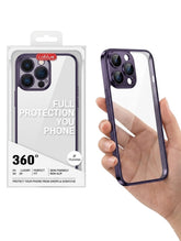 OBtech Co Blue transparent iPhone PC cover shown in packaging and held in hand, featuring a sleek purple frame.