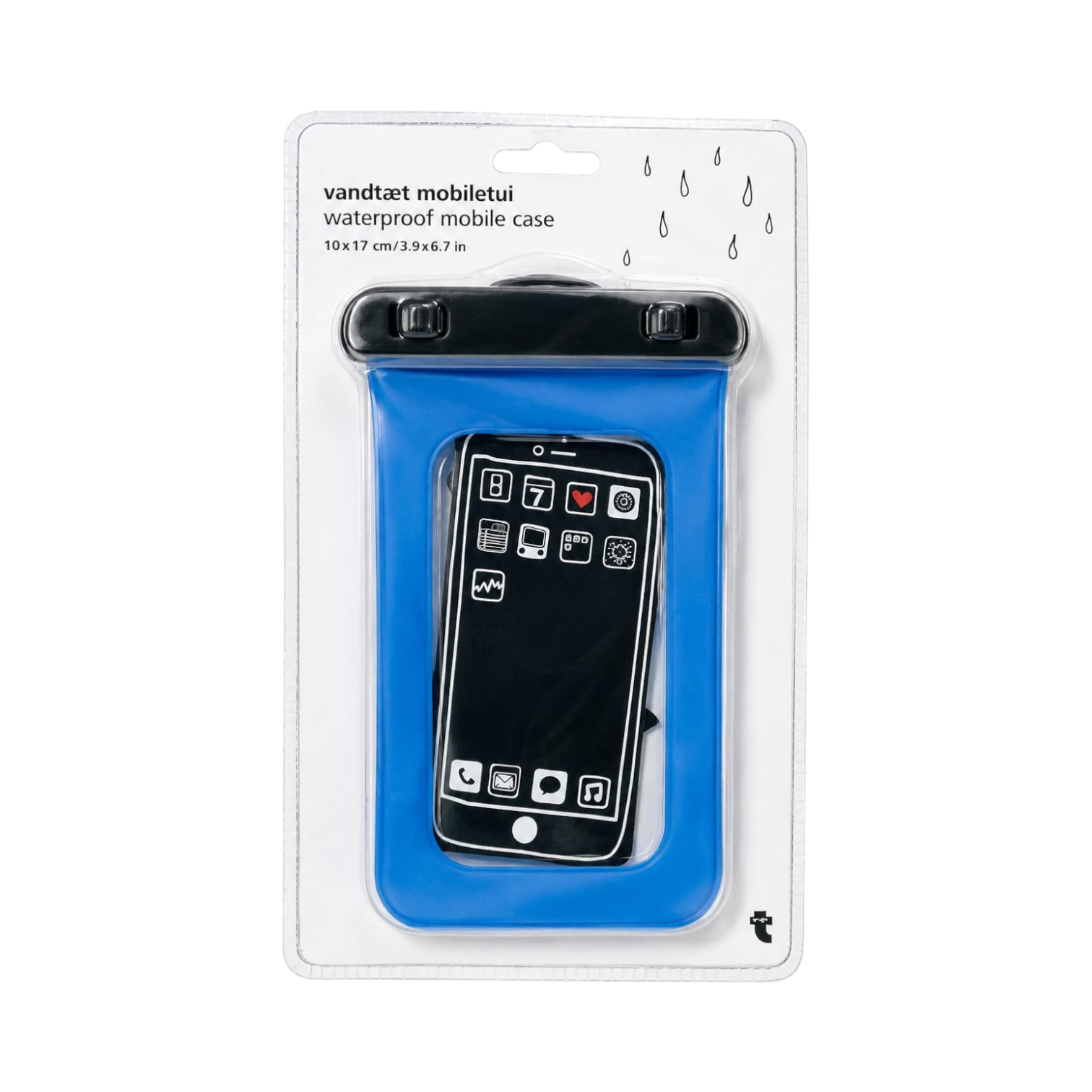 OBtech waterproof mobile phone pouch in bright blue with a secure black sealing clip in retail packaging.