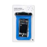 OBtech waterproof mobile phone pouch in bright blue with a secure black sealing clip in retail packaging.