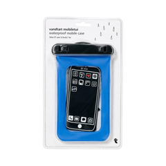 OBtech waterproof mobile phone pouch in bright blue with a secure black sealing clip in retail packaging.