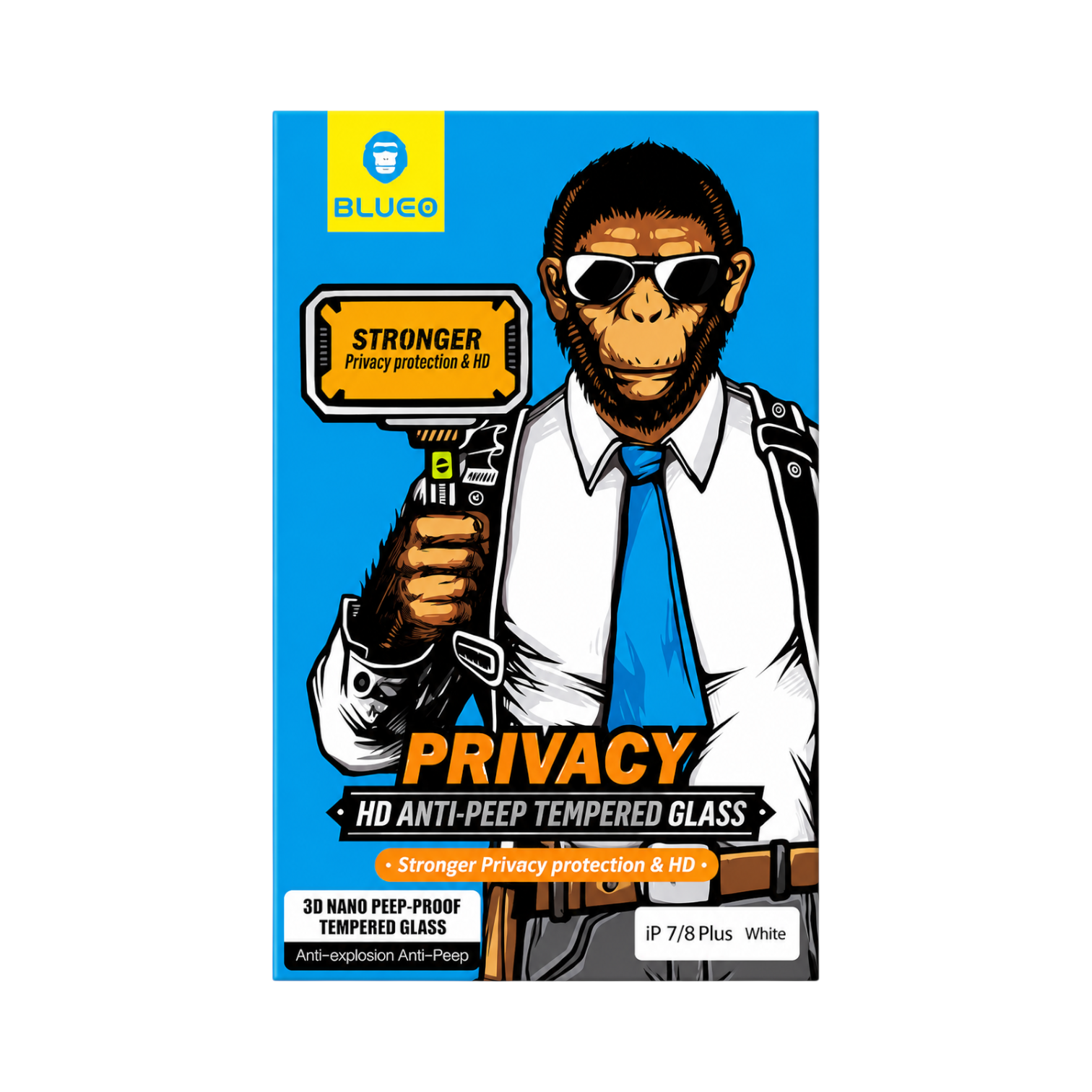 OBtech BLUEO privacy HD anti-peep tempered glass screen protector packaging featuring a monkey in a suit.