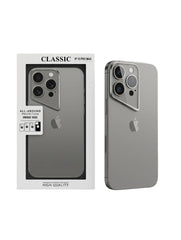 OBtech Classic grey protective case for iPhone 15 Pro Max featuring a unique camera island design and slim profile.