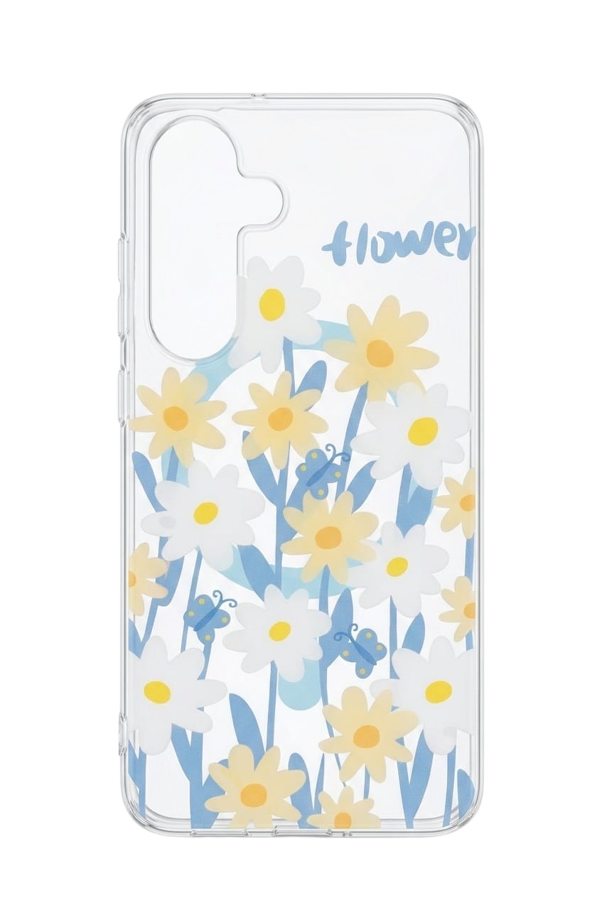 OBtech clear Samsung phone case featuring a whimsical yellow and white daisy floral pattern with small blue butterflies.
