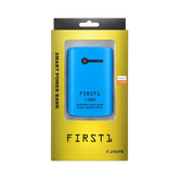 OBtech FIRST 1 Smart Power Bank F-269PB 5400mAh in blue, displayed in its original yellow retail packaging.