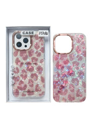 OBtech premium floral protective case for iPhone 15 Pro Max with iridescent pink pattern and rose gold camera trim.