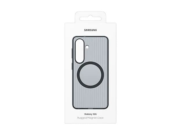 OBtech Galaxy S26 rugged magnetic case in retail packaging, featuring a shockproof design with a built-in magnet ring.