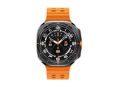 OBtech Galaxy Watch Ultra with a 47mm titanium cushion-style body, orange silicone band, and Super AMOLED display.