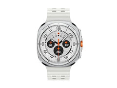 OBtech Galaxy Watch Ultra with a white silicone band, titanium cushion-style body, and bright Super AMOLED display.