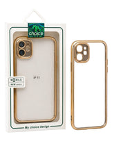 OBtech transparent iPhone case with a premium golden border, shown in retail packaging and as a standalone cover.