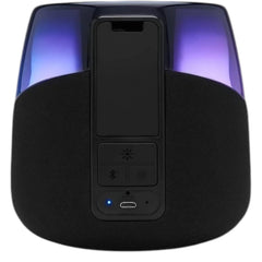 OBtech iHome iAV5 portable Bluetooth speaker with black fabric finish and vibrant purple LED light accents.