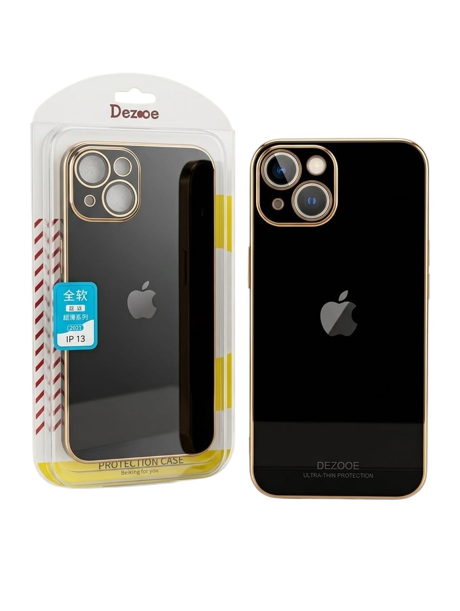 OBtech iPhone 13 case in black with luxurious golden borders and raised camera protection in retail packaging