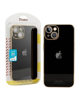 OBtech iPhone 13 case in black with luxurious golden borders and raised camera protection in retail packaging
