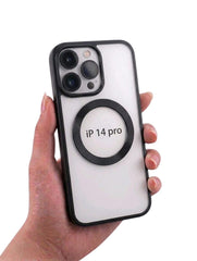 OBtech transparent jelly case for iPhone 14 Pro with black frame and magnetic charging ring held in a hand