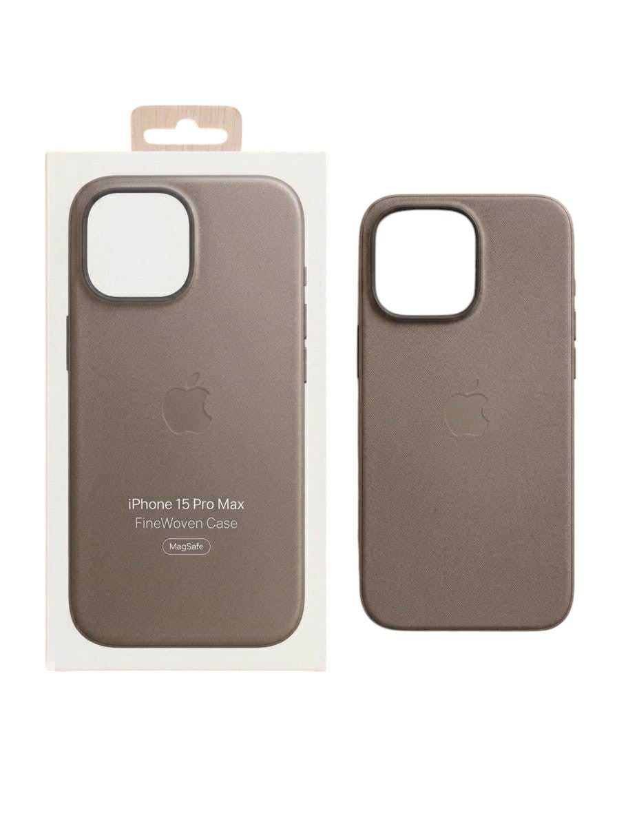 OBtech iPhone 15 Pro Max FineWoven MagSafe case in taupe with retail packaging on a wooden surface