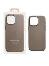 OBtech iPhone 15 Pro Max FineWoven MagSafe case in taupe with retail packaging on a wooden surface