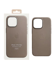 OBtech iPhone 15 Pro Max FineWoven MagSafe case in taupe with retail packaging on a wooden surface