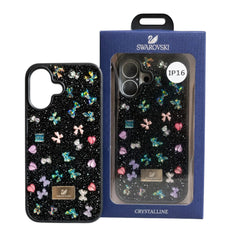 OBtech iPhone 16 black glitter case with colorful crystal butterfly and heart embellishments in retail packaging