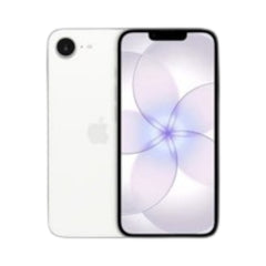 OBtech white iPhone 16e smartphone showing front display and rear camera system with a floral wallpaper